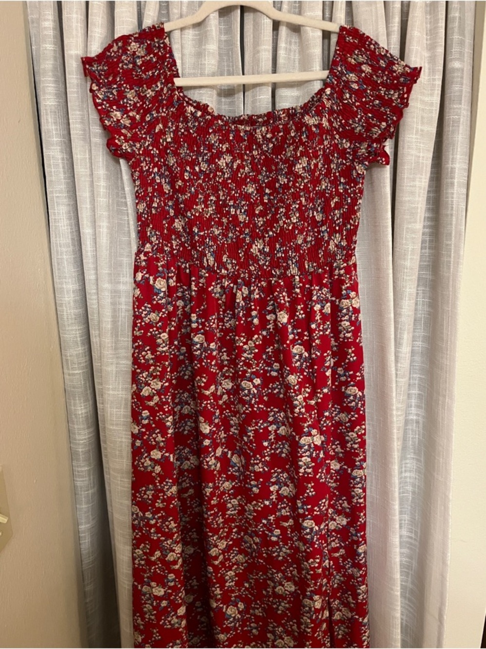 Women’s Red Floral Smocked Maxi Dress with slit on the side